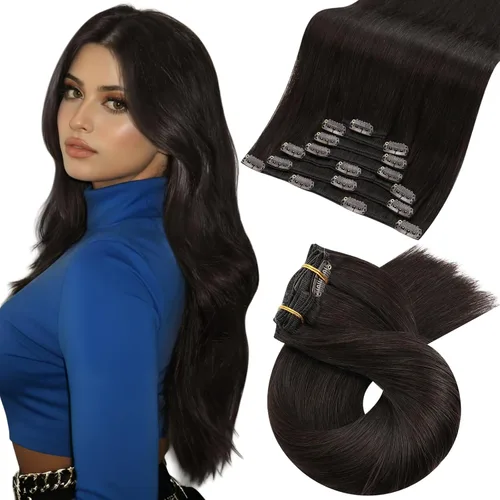 Vista 104 de Moresoo Extensiones de cabello humano con clip, balayage, color marrón oscuro a marrón dorado con clip, extensiones de cabello humano con clip, 5
