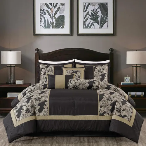Vista 13 de Chezmoi Collection Juego de edredón Jacquard Floral de 7 piezas, color negro y dorado, con medallón de diamante, tamaño Queen Negro/Marrón Floral