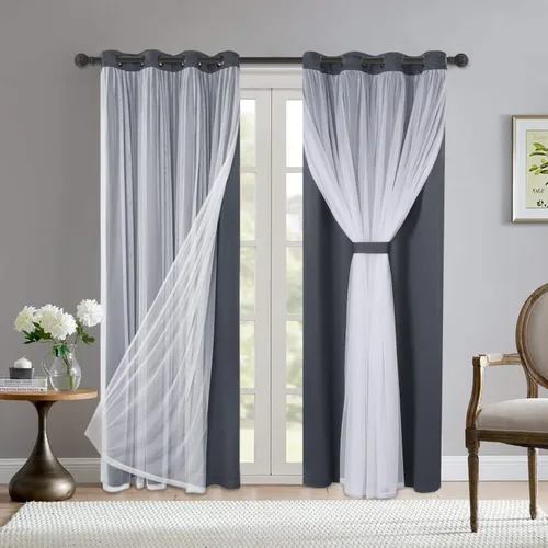 Vista 37 de BONZER Cortinas opacas con superposición transparente, mezcla y combina paneles de ventana de doble capa con aislamiento térmico para sala de estar