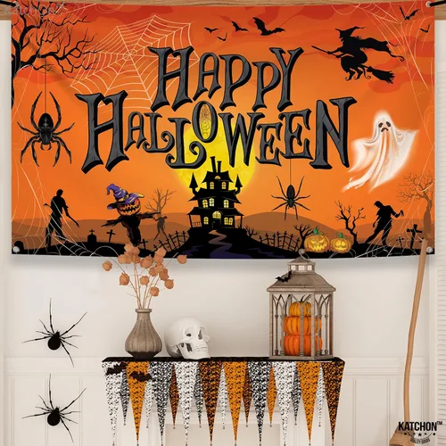 Vista 5 de KatchOn Cartel naranja de feliz Halloween, extra grande de 72 x 44 pulgadas, telón de fondo de calabaza para decoraciones de fiesta y fotografía