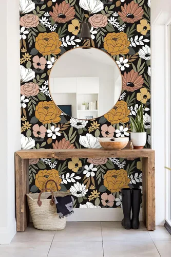 Vista 4 de HAOKHOME Papel pintado vintage grande floral de despegar y pegar, extraíble, hojas de margarita, negro/arena/oliva, vinilo autoadhesivo, mural, 17.7