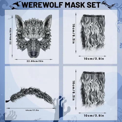Vista 2 de Máscara de lobo con cola y guantes, disfraz de hombre lobo para hombres, mujeres y niños, disfraz de fiesta de Halloween, cosplay