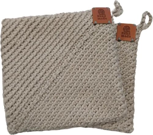 Vista 13 de Soportes para ollas de ganchillo hechos a mano, colección de color sólido, algodón de 6 x 6 pulgadas, resistentes al calor, doble capa, lazo