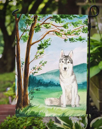 Vista 3 de Caroline's Treasures CK2555GF Bandera de jardín de Husky siberiano bajo el árbol, bandera decorativa para patio exterior, obras de arte de patio