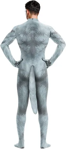 Vista 3 de Traje completo de animal para hombre, mono de spandex musculoso, disfraz peludo con cola grande para cosplay de adultos, fiesta de Halloween
