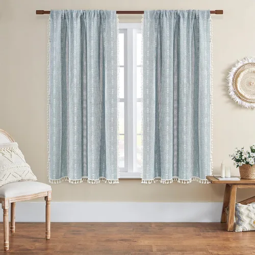 Vista 2 de 2 paneles de cortinas de lino semiopacas para ventana, bohemias y rústicas, con rayas bordadas y bolsillo para cortinero, para sala de estar