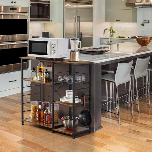 Vista 8 de Yaheetech - Estante de cocina para hornear de 4 niveles, carrito con soporte para microondas y barra de café con cesta de alambre y 6 ganchos