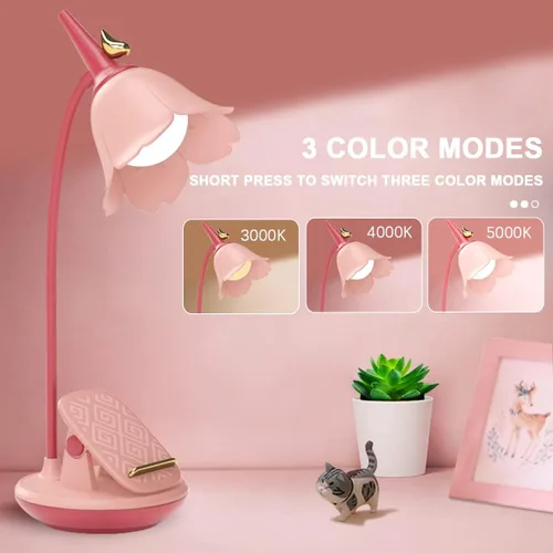 Vista 4 de Lámpara de escritorio rosa con abrazadera, lámpara LED pequeña recargable, cuello de cisne ajustable, regulable, linda para dormitorio de niñas