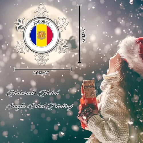 Vista 2 de Adornos de bandera de Andorra para árbol de Navidad, bandera nacional, silueta de Andorra, decoraciones de árbol de Navidad, copo de nieve, metal