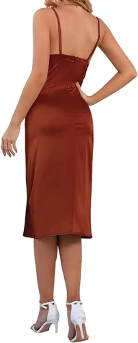 Vista 2 de LYANER - vestido de satén para mujer sin mangas a media pierna con cuello drapeado holgado y tirantes delgados estilo camisola con abertura