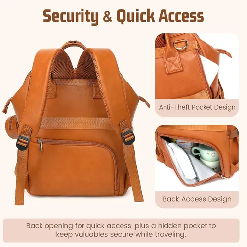 Vista 4 de ROSEGIN Mochila para pañales de piel vegana prémium con cambiador impermeable - Costuras y cremalleras reforzadas, bolsa de bebé para niño y niña