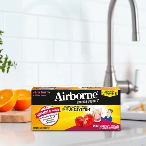 Vista 15 de Vitamina C 1000 mg (por porción), tabletas efervescentes Airborne Very Berry (36 unidades en una caja), suplemento de apoyo inmunológico sin gluten