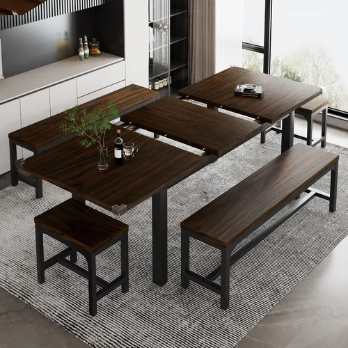 Vista 11 de iPormis Juego de mesa de comedor extensible de 7 piezas con 6 taburetes, juego de mesa de cocina de 63 pulgadas para 4 a 8 personas, mesa de comedor