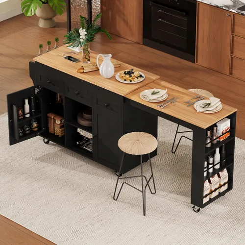 Vista 20 de RUNNA Isla de cocina acanalada de 82.6 pulgadas con mesa de comedor extensible para 4-6, mesa de isla para cocina con toma de corriente, mesa