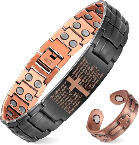 Vista 10 de MagEnergy Pulsera de cobre para hombre, pulsera magnética cristiana con imanes ultra fuertes, diseño de cruz bíblica ajustable, regalo de joyería