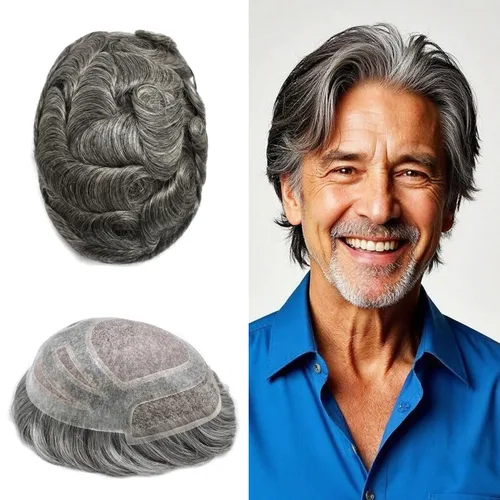 Vista 19 de Toupee - Piezas de pelo para hombres, cabello humano real, sistema de reemplazo de cabello francés, encaje francés, extensiones de cabello