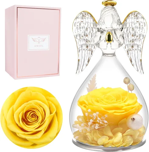 Vista 22 de Miofula Regalos para mamá, regalos de cumpleaños para mujeres, flores preservadas en figuras de ángel de cristal, flores frescas para entrega, Rosa