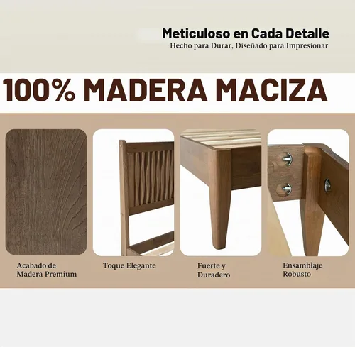 Vista 9 de Marco de cama tamaño King, cama plataforma de madera sólida con cabecera y pie de cama, 12 listones resistentes, patas centrales de metal, fácil