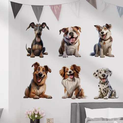 Vista 6 de Calcomanías de pared con diseño de seis razas de cachorros, calcomanías de pared de perros de dálmata, Husky Border Collie, Bulldog Francés