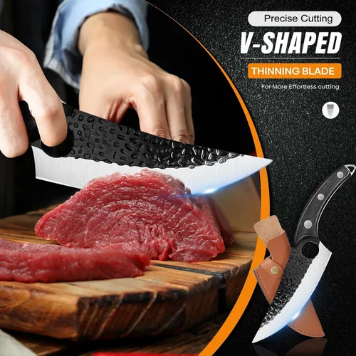 Vista 7 de ZENG Cuchillo de chef de 7 pulgadas, cuchillos de carnicero forjados a mano con funda, cuchillo japonés de acero de alto carbono para cortar carne