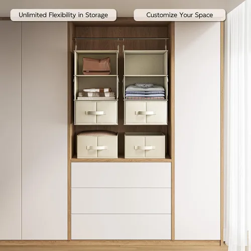 Vista 5 de Vailando Organizador de Armario Colgante de 3 Estantes, Juego de 2 Estantes Colgantes con 2 Cajones para Vestidor, Guardería, Almacenamiento y Beige
