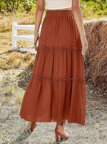 Vista 2 de Avanova Falda larga de cintura alta elástica para mujer, con volantes, estilo casual, con cintura alta