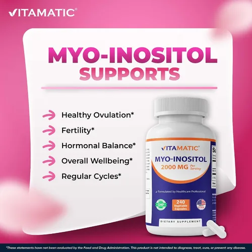 Vista 6 de Vitamatic Myo-inositol 2000 mg por porción – 240 cápsulas vegetales – 60 porciones – Sin OMG, sin gluten – Fabricado en Estados Unidos
