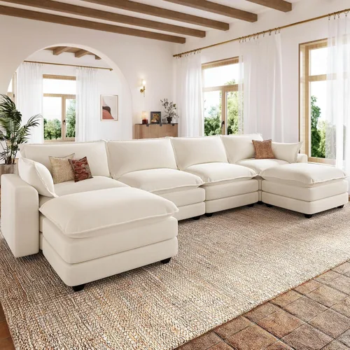Vista 17 de Sofá de nube en forma de L de 118 pulgadas, sofá modular de gran tamaño con otomana móvil, cómodo sofá de felpilla de 4 plazas con asiento profundo