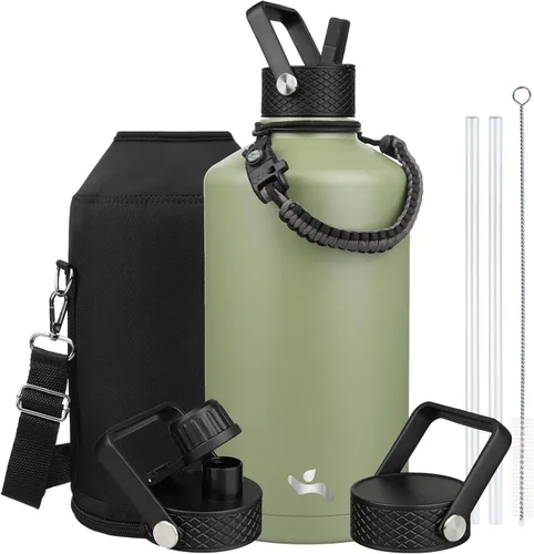 Vista 68 de Konokyo - Botella de agua aislada de 18 onzas, botellas deportivas de acero inoxidable con 3 tapas, verde militar