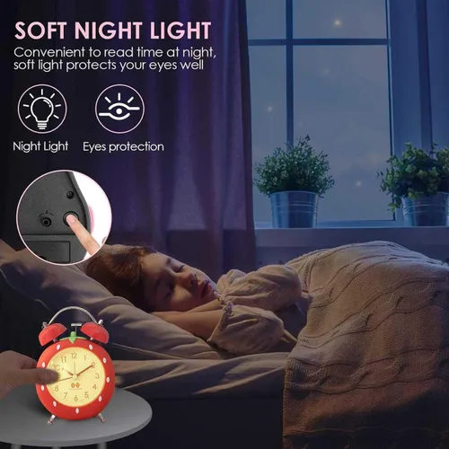 Vista 6 de Bonito reloj despertador de fresa de 4 pulgadas para personas que duermen con luz de fondo, reloj despertador de campana doble ruidosa para niños