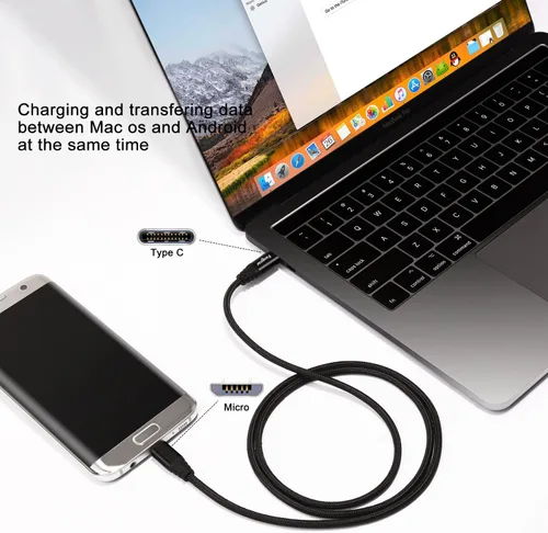 Vista 4 de Fasgear Cable USB C a Micro USB de 30cm Trenzado de Nylon Tipo C a Micro USB Compatible con Galaxy S7/S6, HTC One/10 y Más (Negro, 1 pie) Cable