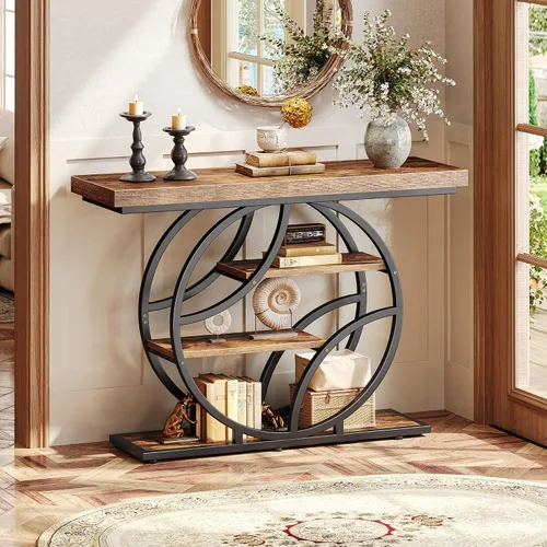 Vista 3 de Huuger Mesa de entrada de 41.3 pulgadas, mesa de sofá industrial con consola y almacenamiento, mesa de acento con estantes, para entrada, pasillo