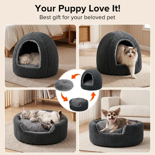 Vista 8 de Camas para gatos 2 en 1 para gatos de interior, cama cerrada con almohada