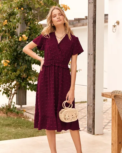 Vista 9 de BTFBM Elegante vestido de verano de manga corta con cuello en V y lunares suizos para mujer, vestido largo bohemio con volantes, vestido de cóctel