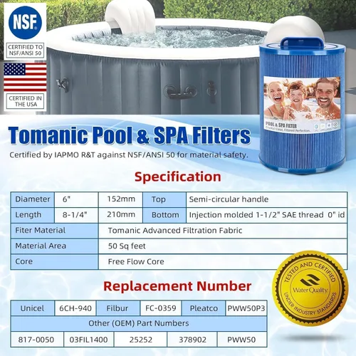Vista 3 de Filtro de spa 6CH-940 reemplaza el filtro de repuesto PWW50P3 Filbur FC-0359, jacuzzis Aber 03FIL1400, Waterway 817-0050 PWW50 certificado con NSF50
