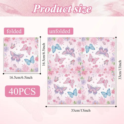 Vista 2 de Paquete de 40 servilletas de papel para fiesta de mariposa, 13 x 13 pulgadas, desechables, diseño floral de mariposa, suministros de fiesta
