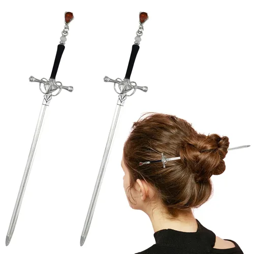 Vista 7 de Paquete de 2 accesorios para el cabello con borla de espada china para mujer, moños con gemas para el cabello (dorado)