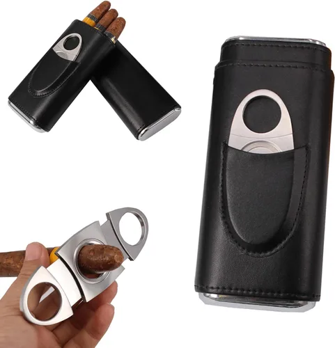 Vista 4 de AMANCY novedad Patrón – Madera de Cedro de piel forrada de 3 Cigarros de piel de serpiente con Set de cortador