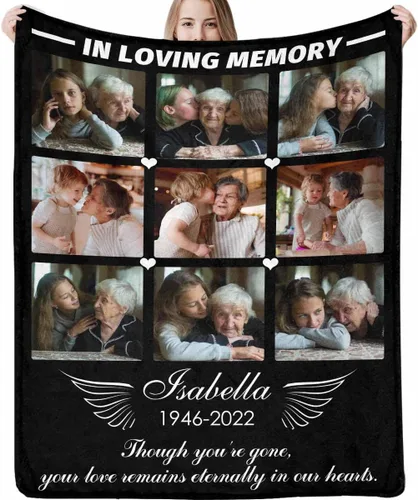 Vista 10 de LOSARON Mantas conmemorativas personalizadas con fotos por pérdida de madre, papá, abuela en el cielo en memoria amorosa de flores rojas, 6 fotos