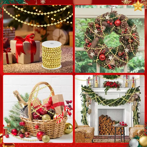 Vista 2 de Guirnalda de cuentas para árbol de Navidad de 33 pies, guirnalda de perlas artificiales, cadena de hilos de perlas de plástico, guirnaldas