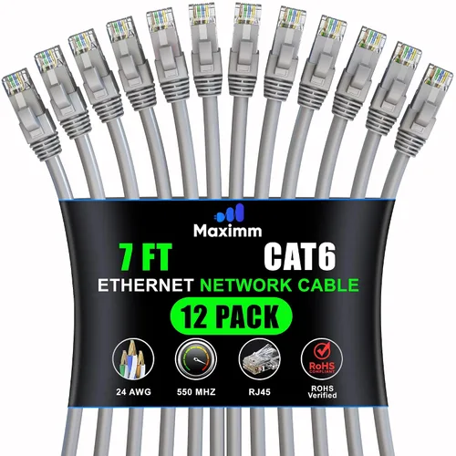 Vista 44 de Maximm Cable Ethernet Cat6 de 7 pies, 10 Gbps 550 MHz, negro, paquete de 12