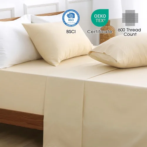 Vista 3 de HYPREST Sábanas de algodón tamaño King, sábans de bolsillo profundo de 18 pulgadas para hotel de lujo suave beige - 600 hilos