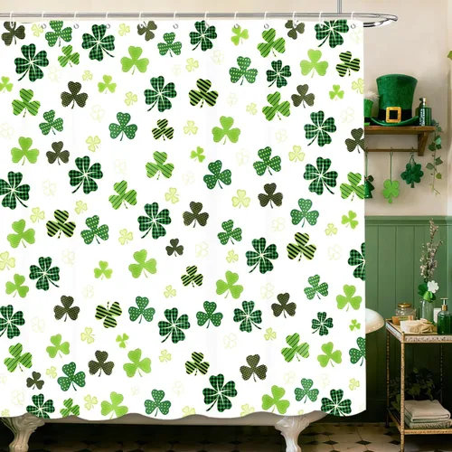 Vista 9 de MEHOFOND Cortina de ducha del día de San Patricio, cortina de baño de trébol irlandés, trébol de la suerte negro y verde, a cuadros, decoración