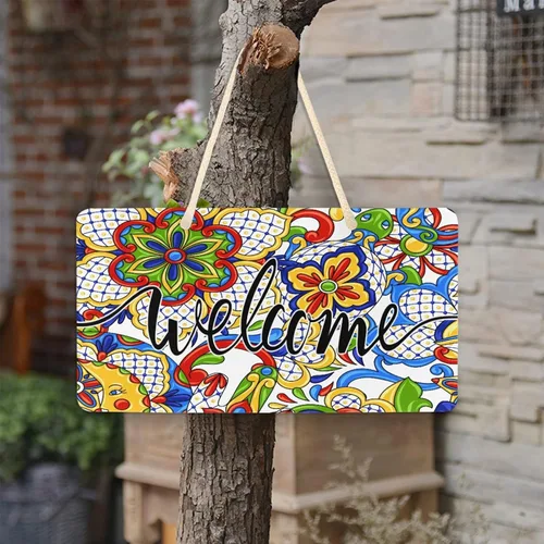 Vista 5 de xigua Letrero de bienvenida para porche delantero, Talavera mexicana, placa colgante de cerámica ornamental, decoración de pared para el hogar