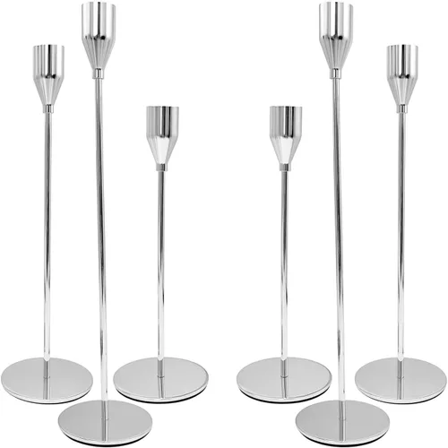 Vista 18 de Juego de 3 portavelas cónicos plateados para decoración de citas, festivales, bodas, fiestas, comedores o aniversarios, se ajustan a velas de pilar