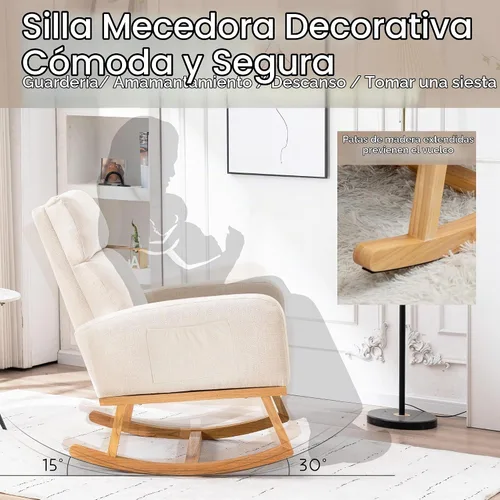 Vista 6 de Mecedora para guardería, sillas de acento modernas tapizadas de lino para enfermería, sillón acolchado para sala de estar interior, dormitorio, beige