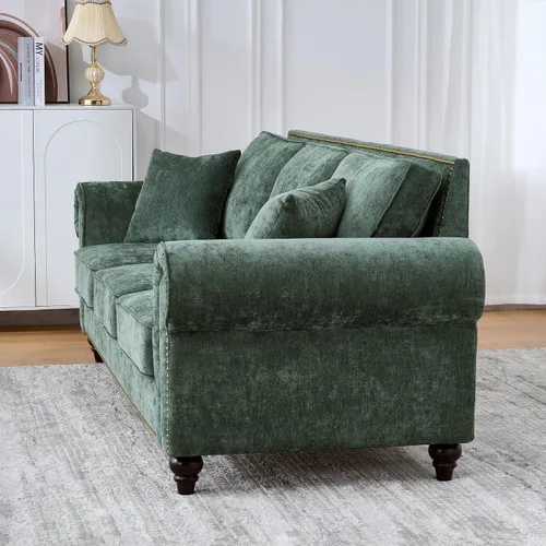 Vista 7 de Juego de sofá moderno y sofá biplaza Chesterfield de chenilla de lujo, cómodo juego de sofá tapizado con asiento profundo con reposabrazos Verde