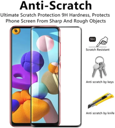 Vista 4 de Protector de pantalla de cobertura completa para Samsung Galaxy A21, 2 unidades, de alta transparencia de seda negra resistente a los arañazos