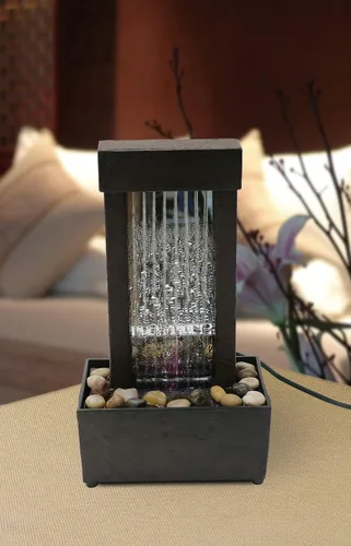 Vista 4 de Nature's Mark Fuente de Agua de Mesa con Espectáculo de Luz de Cascada con Espejo de 10" de Altura con Rocas Naturales de Río y Luces LED que