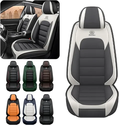 Vista 2 de Fundas de asiento de automóvil para Nissan Frontier 2008-2020, impermeables, suaves, transpirables, de piel sintética, con bolsillos de GrisyBlanco